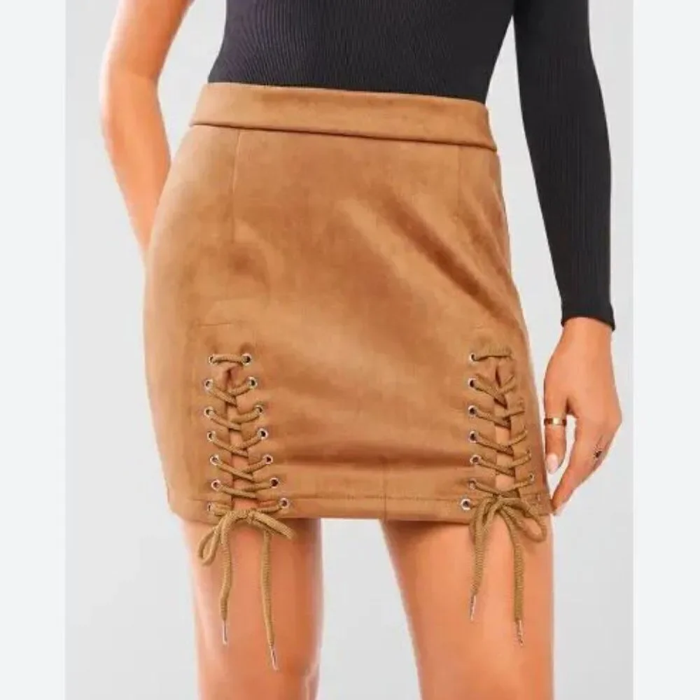 NWOT Lace-Up Faux Suede Mini Skirt coffee